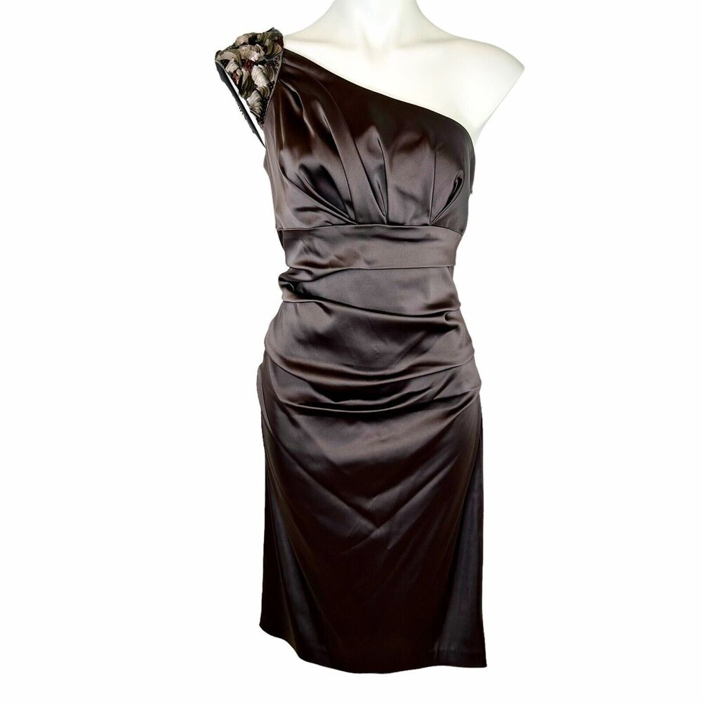 SUZI CHIN Maggy Boutique Cinch Sheath Formal One Shoulder Dress‎ Womens 12 Brown
